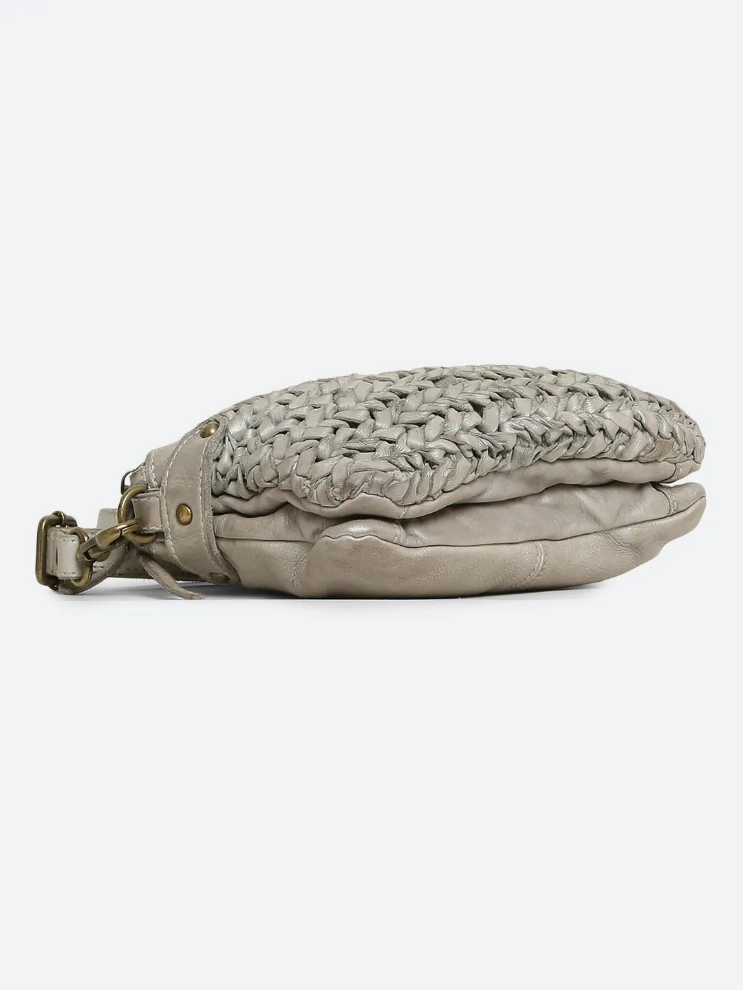 Genuine Grey Leather Sling Bag With Weaving