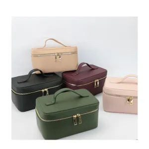 Genuine Leather Portable Travel Cosmetic Toiletry Zip Case Large Capacity (Multiple Colors)