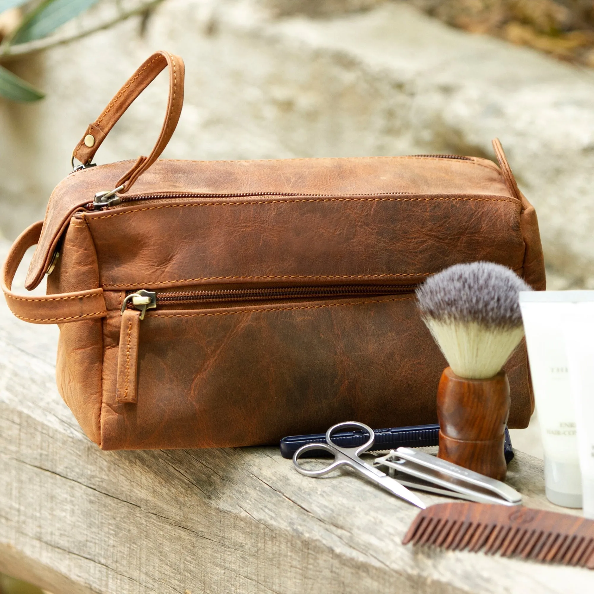 Genuine Leather Travel Toiletry Bag (Brown)