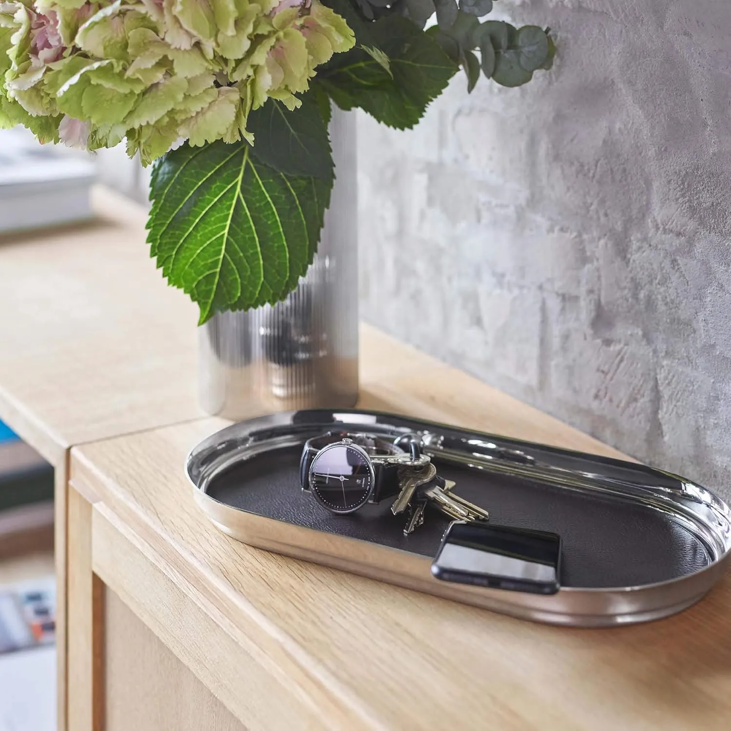 Georg Jensen Manhattan Tray, Stainless Steel & Leather Inlay, 35 cm
