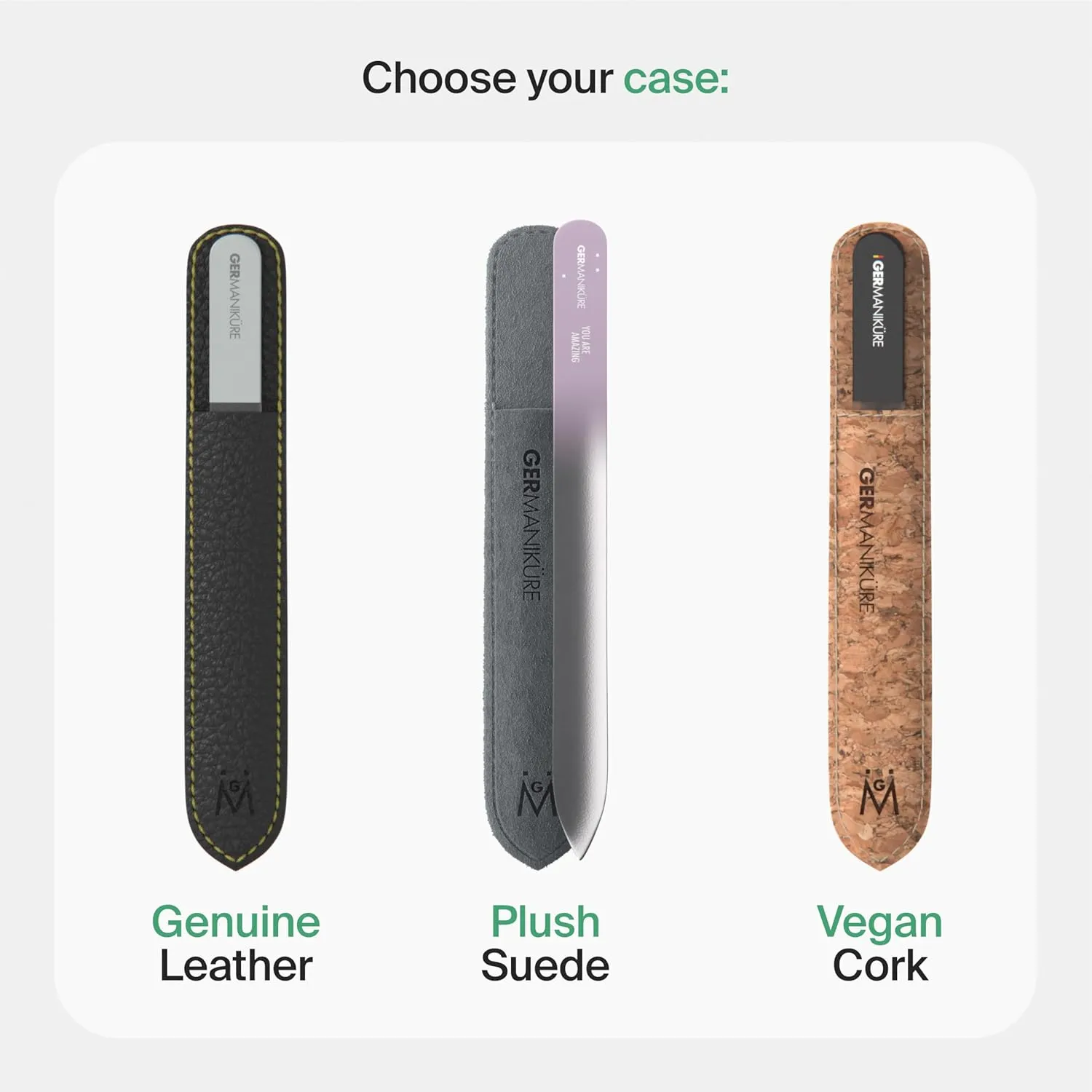 GERMANIKURE Czech Crystal Glass Nail File 3 Pack in Suede Leather Case - Professional Manicure & Pedicure Products for Smooth Easy Shaping of Natural Nails