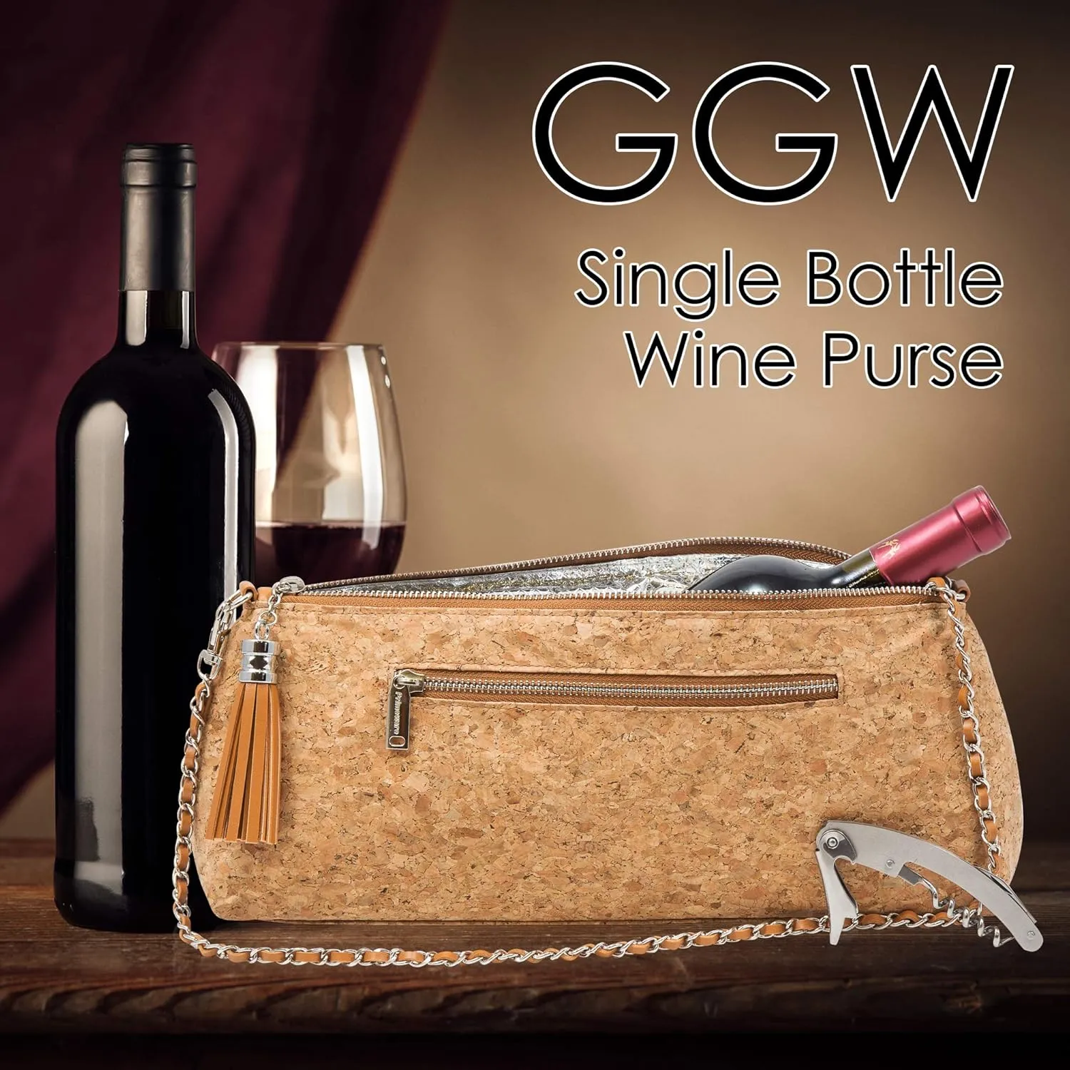 GGWP Single Bottle Wine Purse | Thermal Insulated Clutch Tote for Women (Cork)