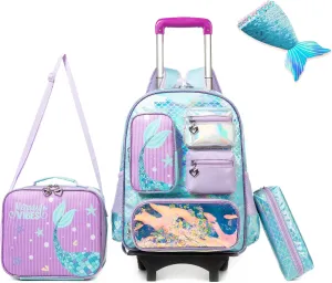 Girls Rolling Backpack for Kids Roller Backpack with Wheels for School Girls Backpack 4Pcs Set with Lunch Box Pencil case for Students,Blue