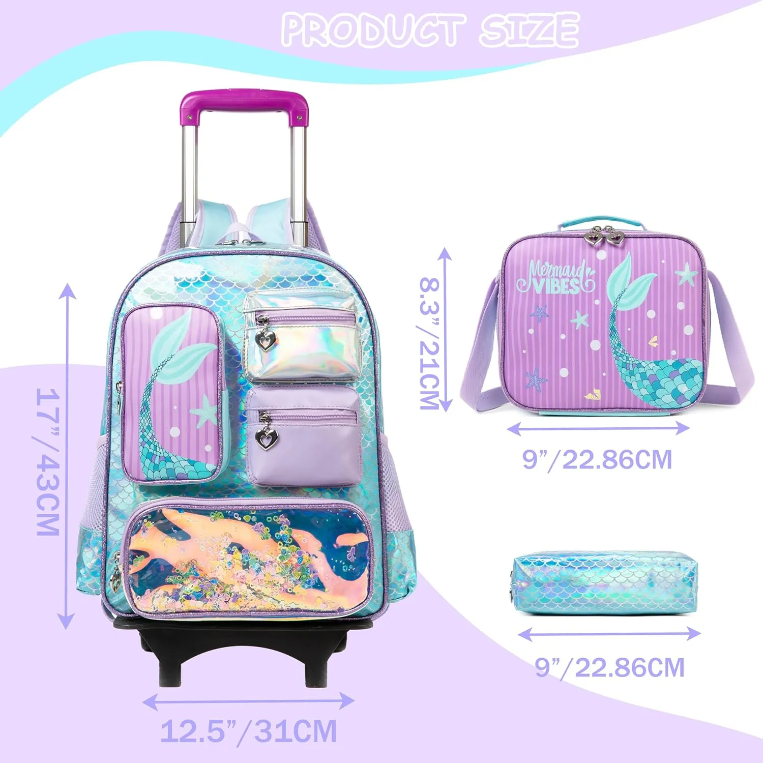 Girls Rolling Backpack for Kids Roller Backpack with Wheels for School Girls Backpack 4Pcs Set with Lunch Box Pencil case for Students,Blue