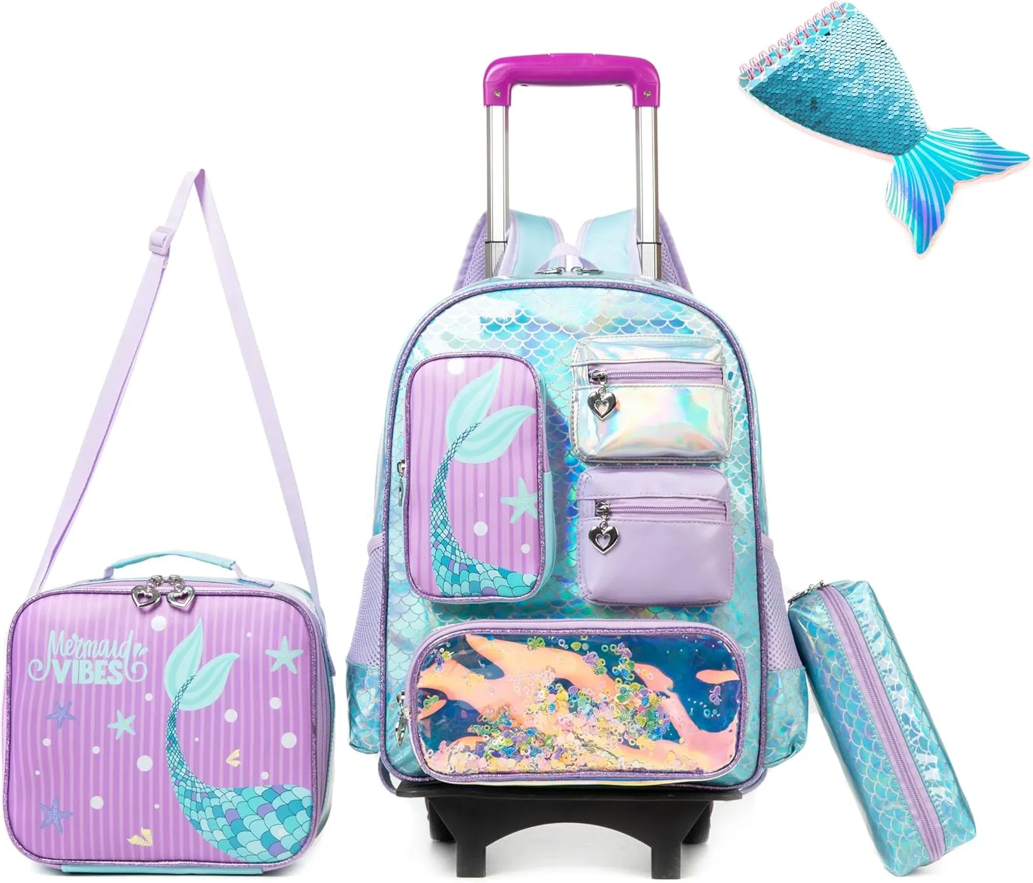 Girls Rolling Backpack for Kids Roller Backpack with Wheels for School Girls Backpack 4Pcs Set with Lunch Box Pencil case for Students,Blue