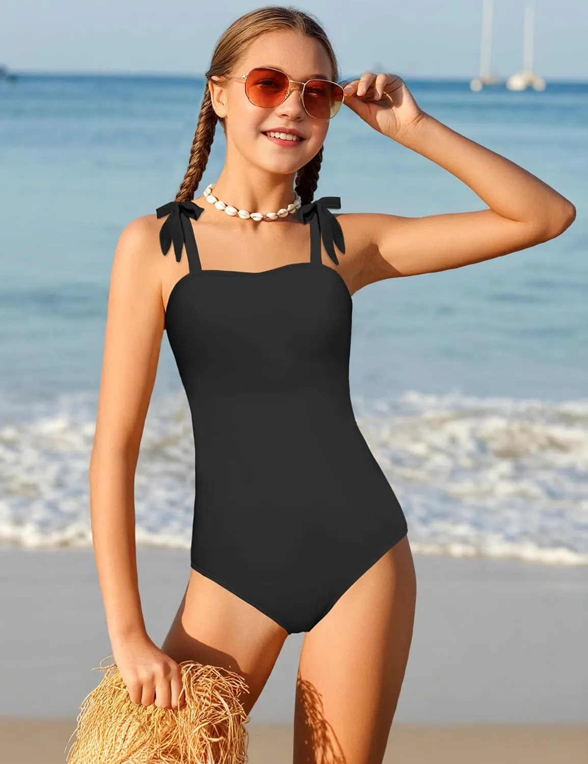 Girls Swimsuit One Piece Casual Color-Block Adjustable Straps Girls Bathing Suit Swimwear 9-16T