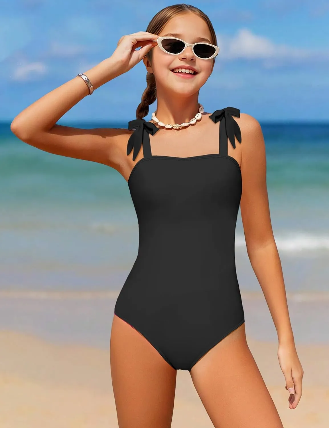 Girls Swimsuit One Piece Casual Color-Block Adjustable Straps Girls Bathing Suit Swimwear 9-16T