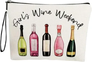 Girls Wine Weekend Makeup Bag, Canvas Cosmetic Pouch with Zipper, Wine Bottle Design