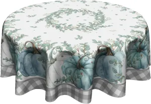 Giwawa Blue Pumpkin Tablecloth Round 60 Inch Autumn Harvest Washable Reusable Thanksgiving Table Cover for Kitchen Dining Holiday Tabletop Decor