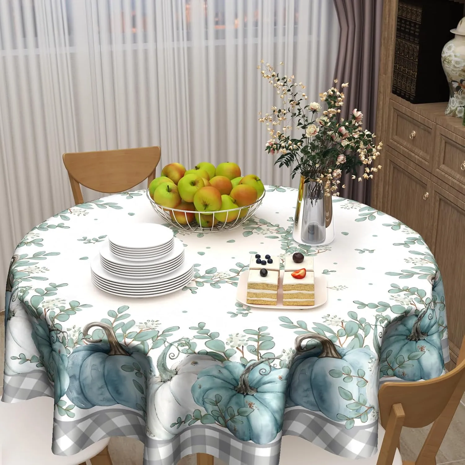 Giwawa Blue Pumpkin Tablecloth Round 60 Inch Autumn Harvest Washable Reusable Thanksgiving Table Cover for Kitchen Dining Holiday Tabletop Decor
