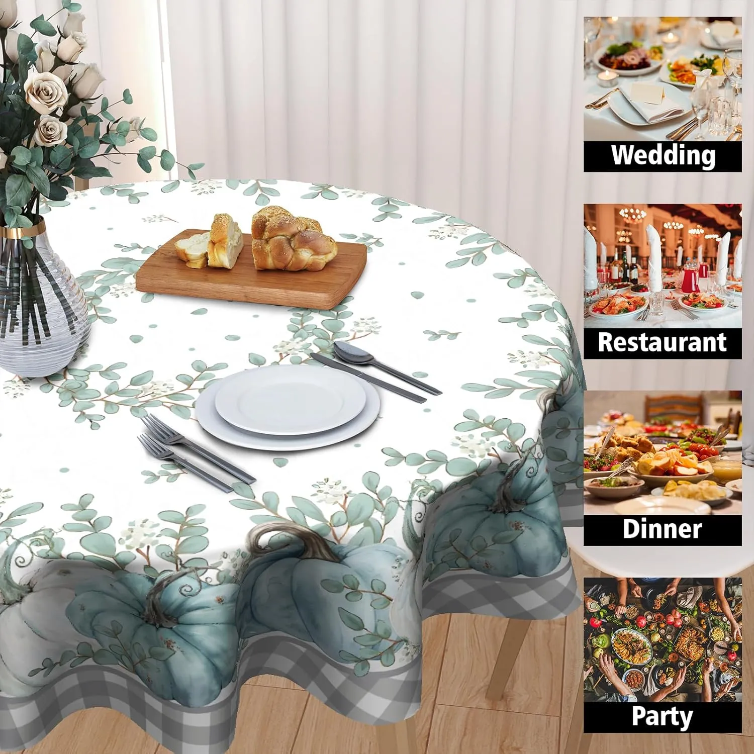 Giwawa Blue Pumpkin Tablecloth Round 60 Inch Autumn Harvest Washable Reusable Thanksgiving Table Cover for Kitchen Dining Holiday Tabletop Decor