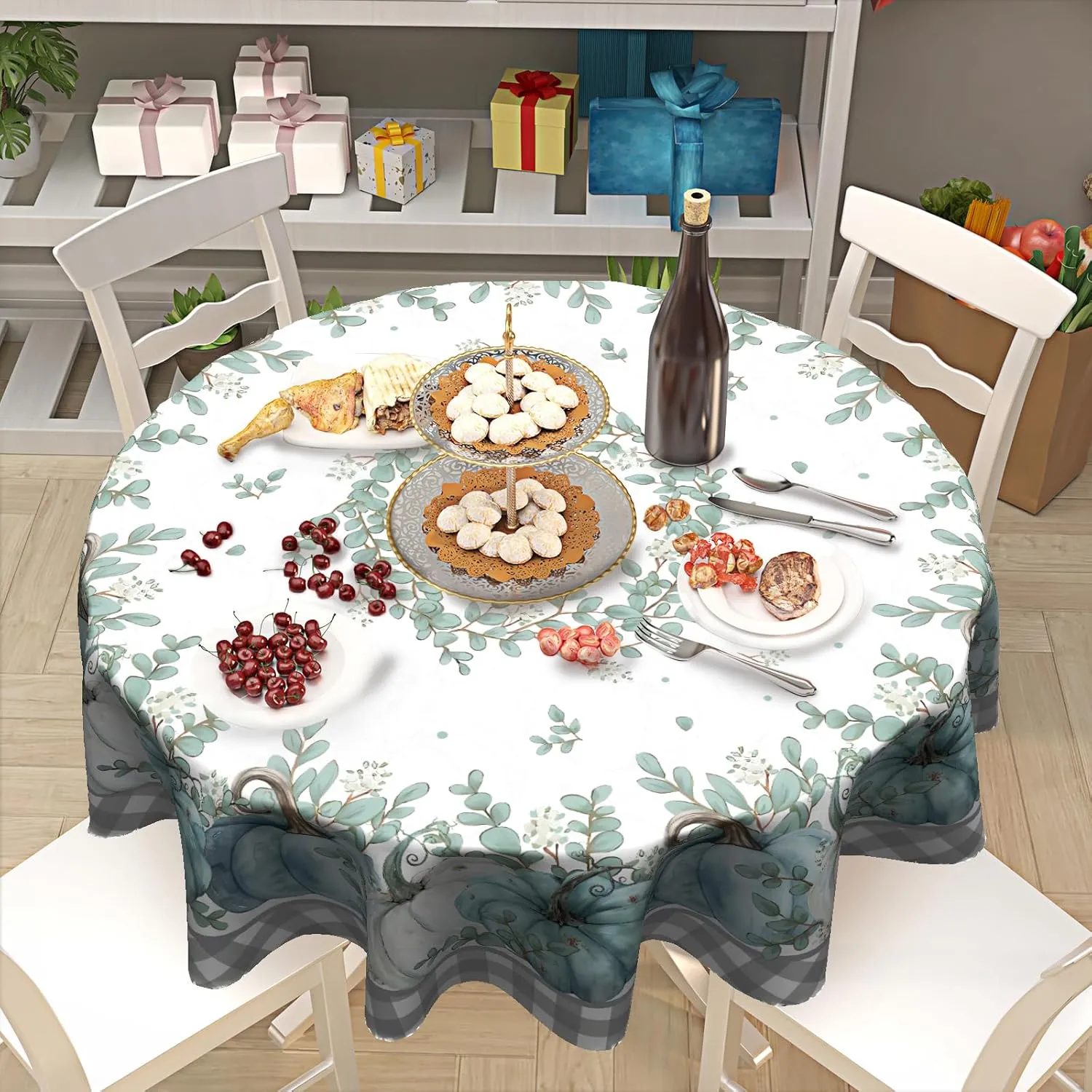 Giwawa Blue Pumpkin Tablecloth Round 60 Inch Autumn Harvest Washable Reusable Thanksgiving Table Cover for Kitchen Dining Holiday Tabletop Decor