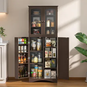 Gizoon 64" Kitchen Pantry Cabinet, Tall Storage Cabinet with Glass Doors and Adjustable Shelves, Freestanding Floor Cabinet Cupboard for Kitchen, Living Room, Dining Room (Dark Brown)