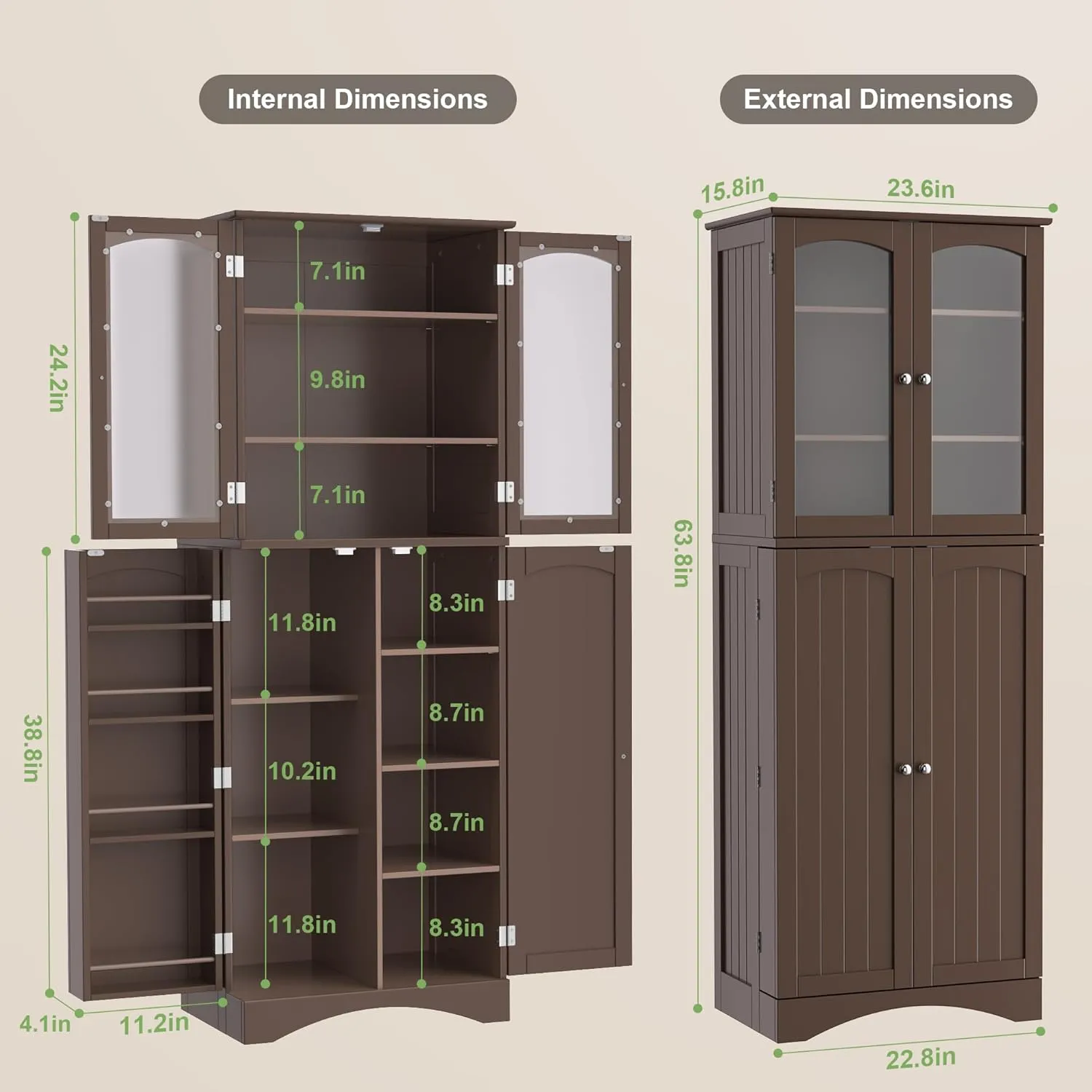 Gizoon 64" Kitchen Pantry Cabinet, Tall Storage Cabinet with Glass Doors and Adjustable Shelves, Freestanding Floor Cabinet Cupboard for Kitchen, Living Room, Dining Room (Dark Brown)
