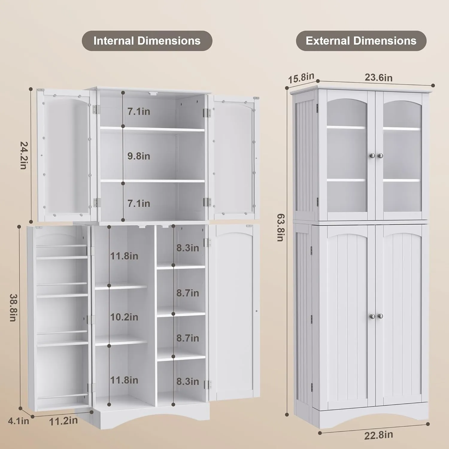 Gizoon 64" Kitchen Pantry Cabinet, Tall Storage Cabinet with Glass Doors and Adjustable Shelves, Freestanding Floor Cabinet Cupboard for Kitchen, Living Room, Dining Room (White)