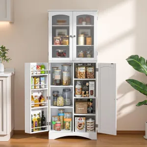 Gizoon 64" Kitchen Pantry Cabinet, Tall Storage Cabinet with Glass Doors and Adjustable Shelves, Freestanding Floor Cabinet Cupboard for Kitchen, Living Room, Dining Room (White)