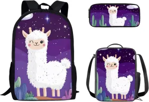 GLENLCWE Alpaca Kids Backpack for Girls Boys 3Piece School Bookbag   Lunch Bag   Pencil Box Lightweight Kids Backpack Combo Kit 3 Pieces