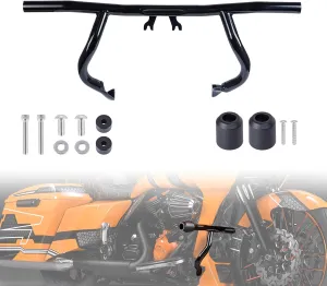 Gloss Black Flat-Out Crash Bar with Slider Ends 1-1/4" Highway Engine Guard Compatible with 2009-2024 Harley Touring Road Glide Street Glide