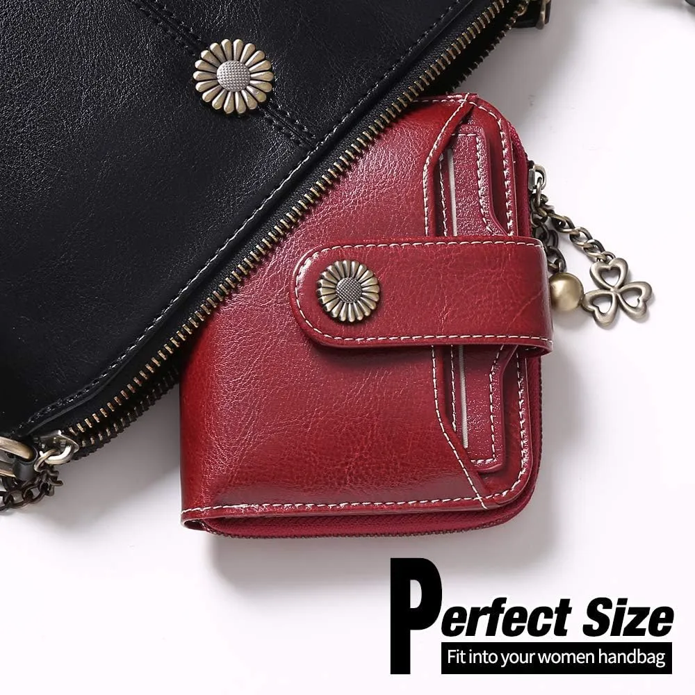 GOIACII Wallet for Women Leather Small RFID Blocking Bifold Zipper Pocket Card Holder with ID Window Wine Red