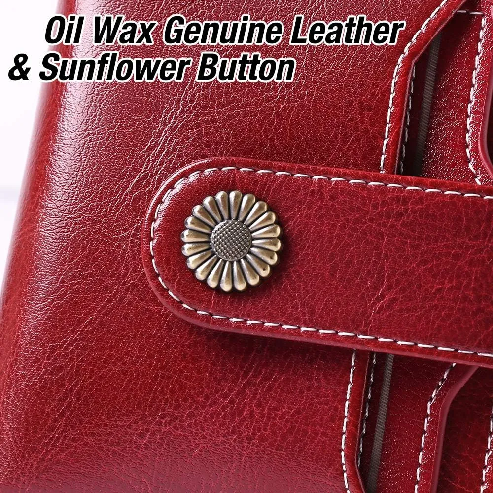 GOIACII Wallet for Women Leather Small RFID Blocking Bifold Zipper Pocket Card Holder with ID Window Wine Red