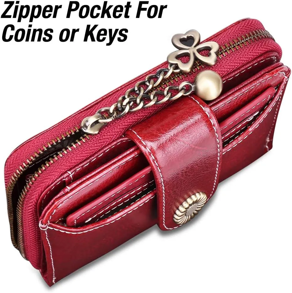 GOIACII Wallet for Women Leather Small RFID Blocking Bifold Zipper Pocket Card Holder with ID Window Wine Red