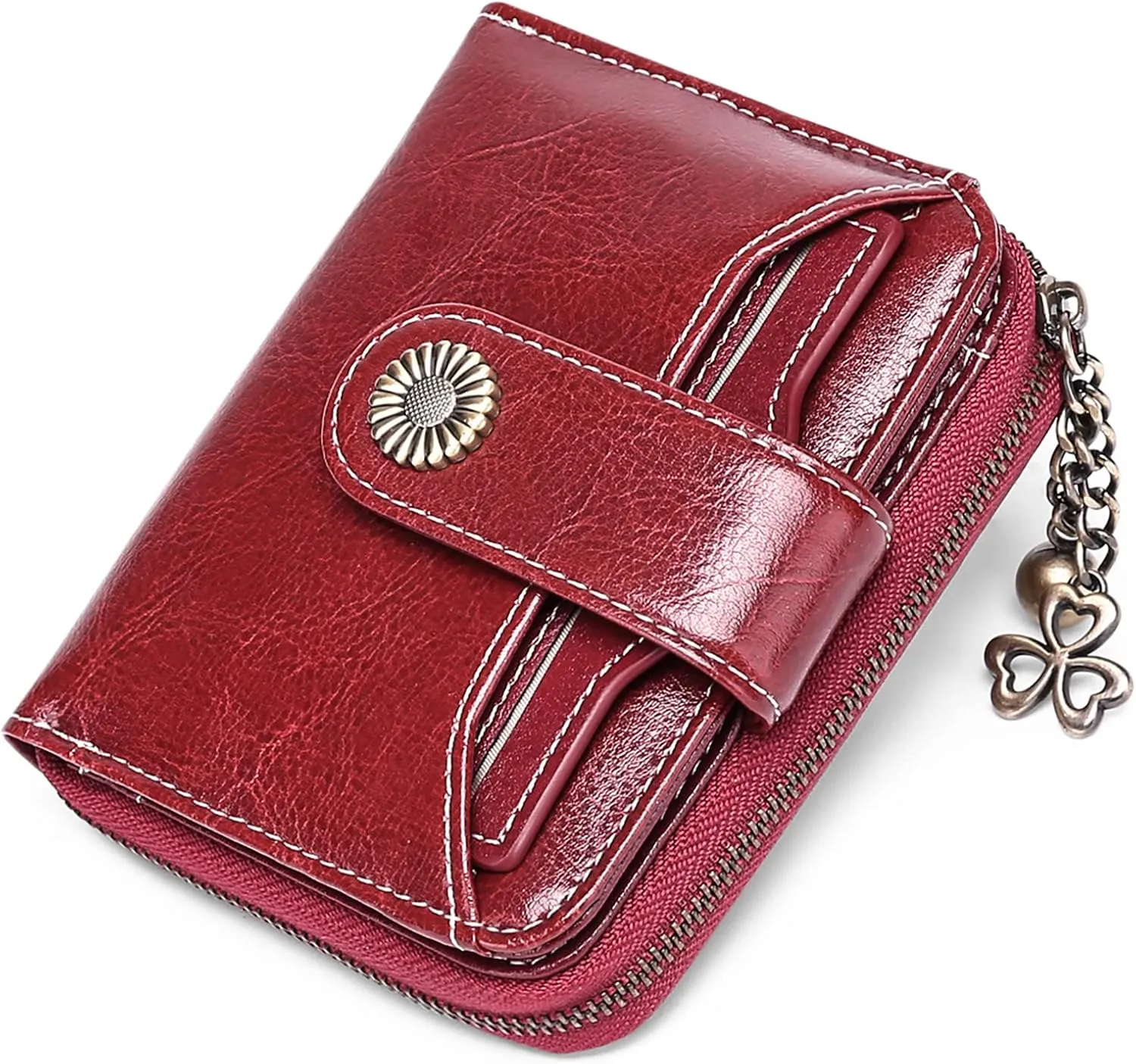GOIACII Wallet for Women Leather Small RFID Blocking Bifold Zipper Pocket Card Holder with ID Window Wine Red