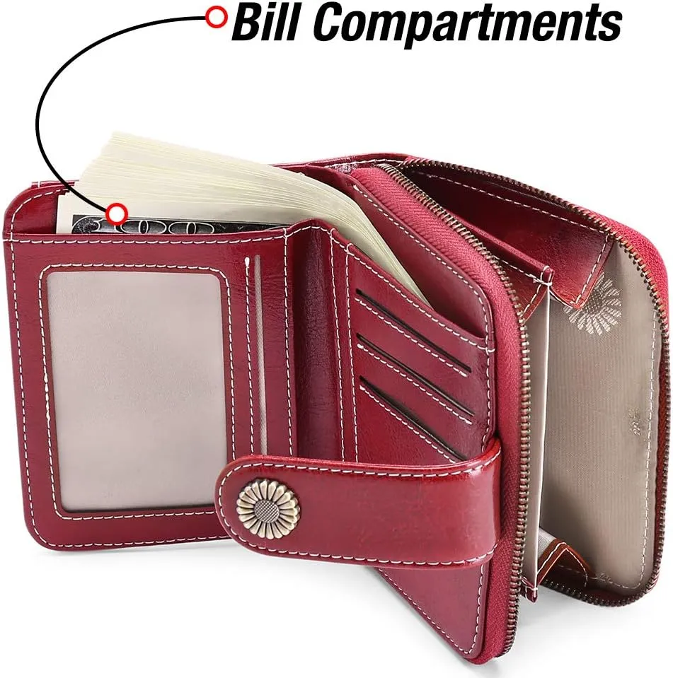 GOIACII Wallet for Women Leather Small RFID Blocking Bifold Zipper Pocket Card Holder with ID Window Wine Red