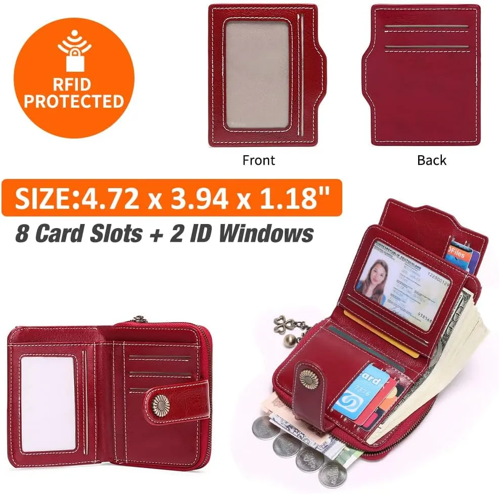 GOIACII Wallet for Women Leather Small RFID Blocking Bifold Zipper Pocket Card Holder with ID Window Wine Red