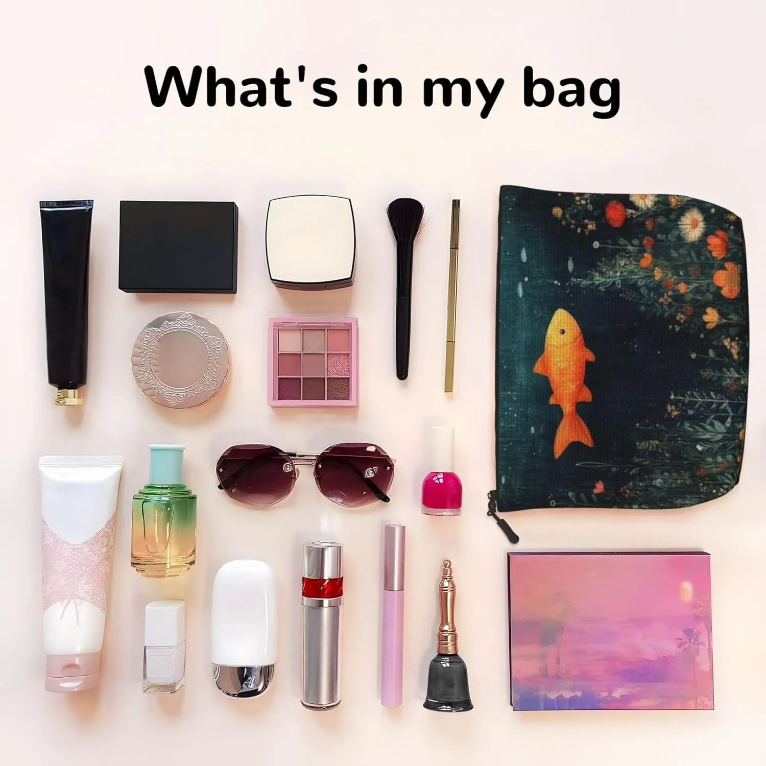 Goldfish Makeup Bag, Large Capacity Travel Makeup Bag For Women, Waterproof Single-Ply Imitation Hemp Portable Zipper Cosmetic Bag, Travel Essentials Toiletry Bag，Cosmetic Organizer Pouch