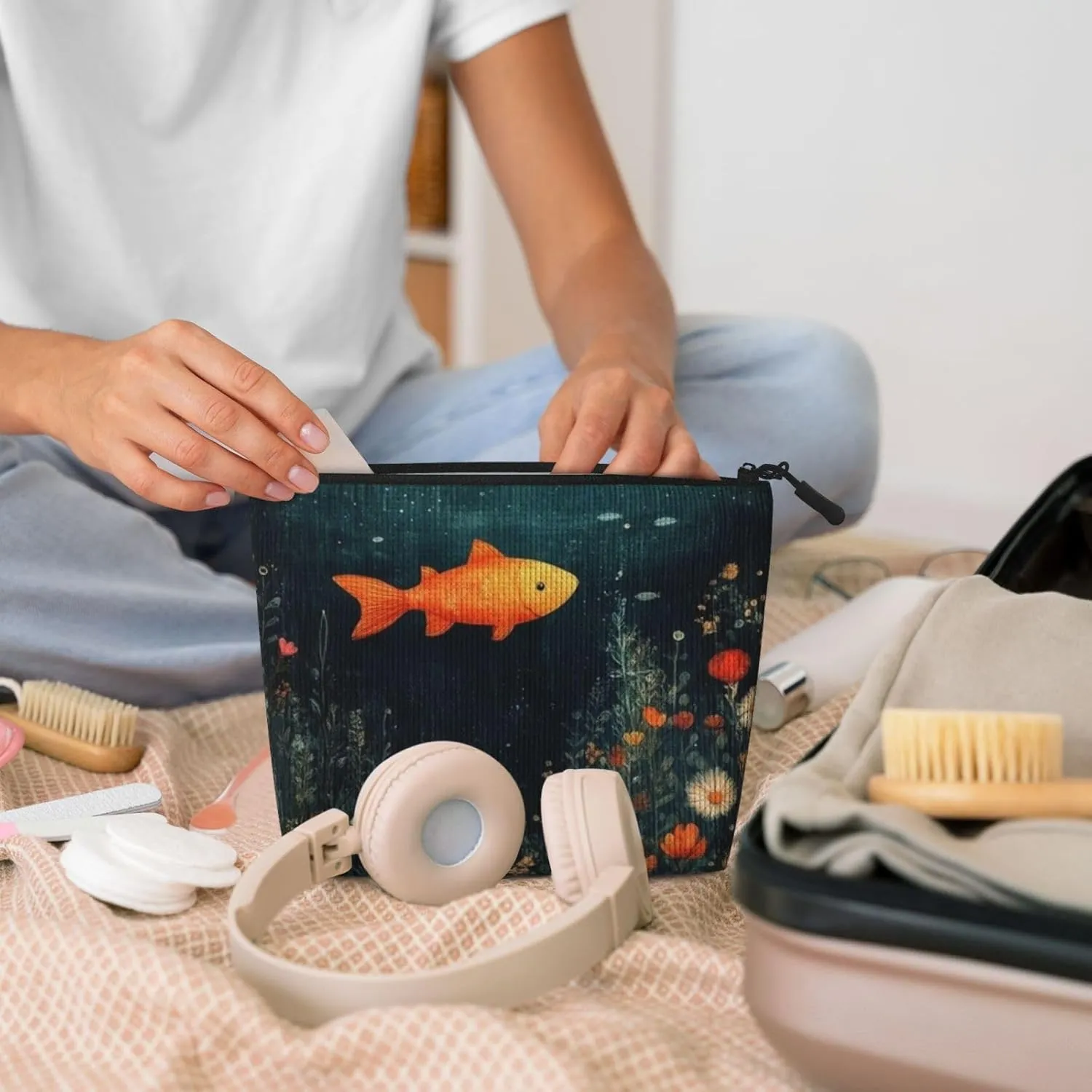 Goldfish Makeup Bag, Large Capacity Travel Makeup Bag For Women, Waterproof Single-Ply Imitation Hemp Portable Zipper Cosmetic Bag, Travel Essentials Toiletry Bag，Cosmetic Organizer Pouch