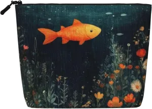 Goldfish Makeup Bag, Large Capacity Travel Makeup Bag For Women, Waterproof Single-Ply Imitation Hemp Portable Zipper Cosmetic Bag, Travel Essentials Toiletry Bag，Cosmetic Organizer Pouch