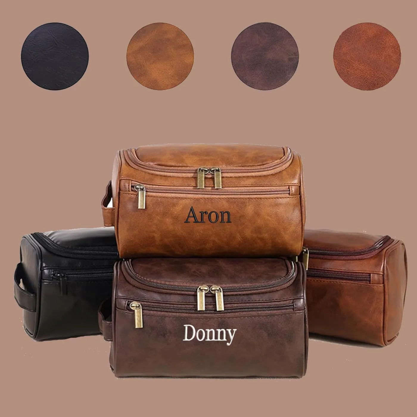 GOPHIE Personalized Embroidered Men's Leather Toiletry Bag,Travel Toiletry Bag for Men,PU Leather Waterproof Travel Shaving Dopp Kit (1, Coffee)