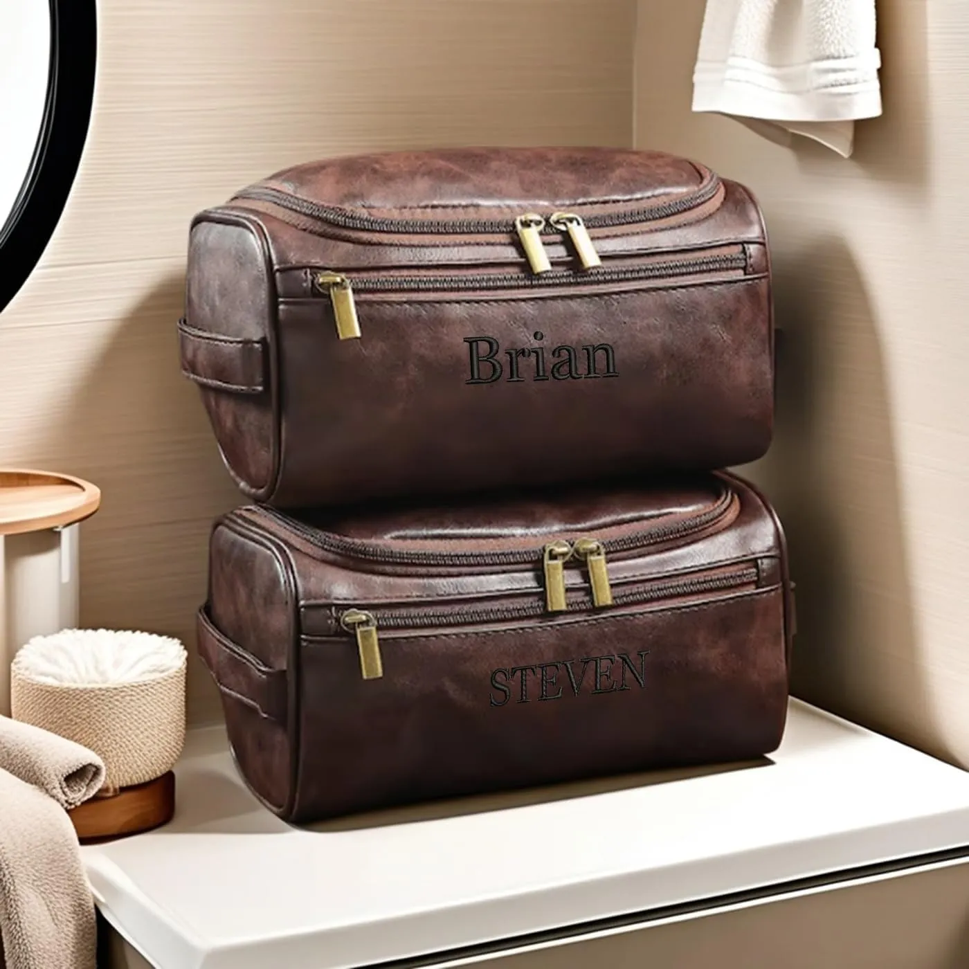 GOPHIE Personalized Embroidered Men's Leather Toiletry Bag,Travel Toiletry Bag for Men,PU Leather Waterproof Travel Shaving Dopp Kit (1, Coffee)