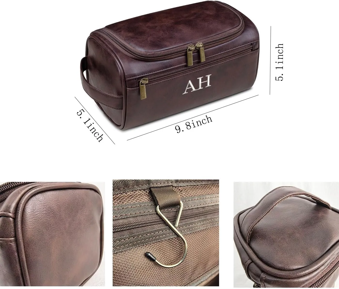 GOPHIE Personalized Embroidered Men's Leather Toiletry Bag,Travel Toiletry Bag for Men,PU Leather Waterproof Travel Shaving Dopp Kit (1, Coffee)