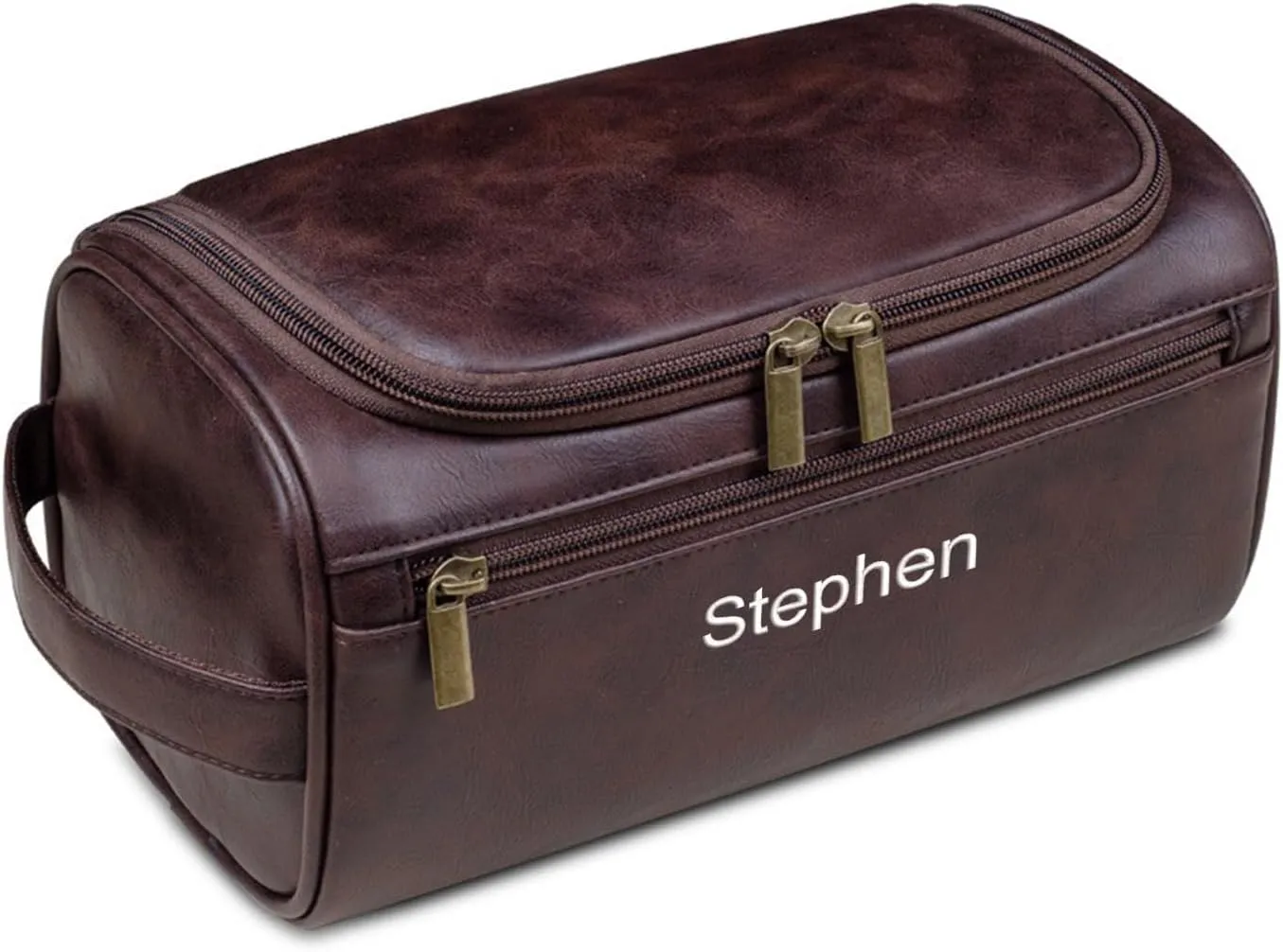 GOPHIE Personalized Embroidered Men's Leather Toiletry Bag,Travel Toiletry Bag for Men,PU Leather Waterproof Travel Shaving Dopp Kit (1, Coffee)