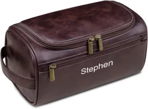 GOPHIE Personalized Embroidered Men's Leather Toiletry Bag,Travel Toiletry Bag for Men,PU Leather Waterproof Travel Shaving Dopp Kit (1, Coffee)
