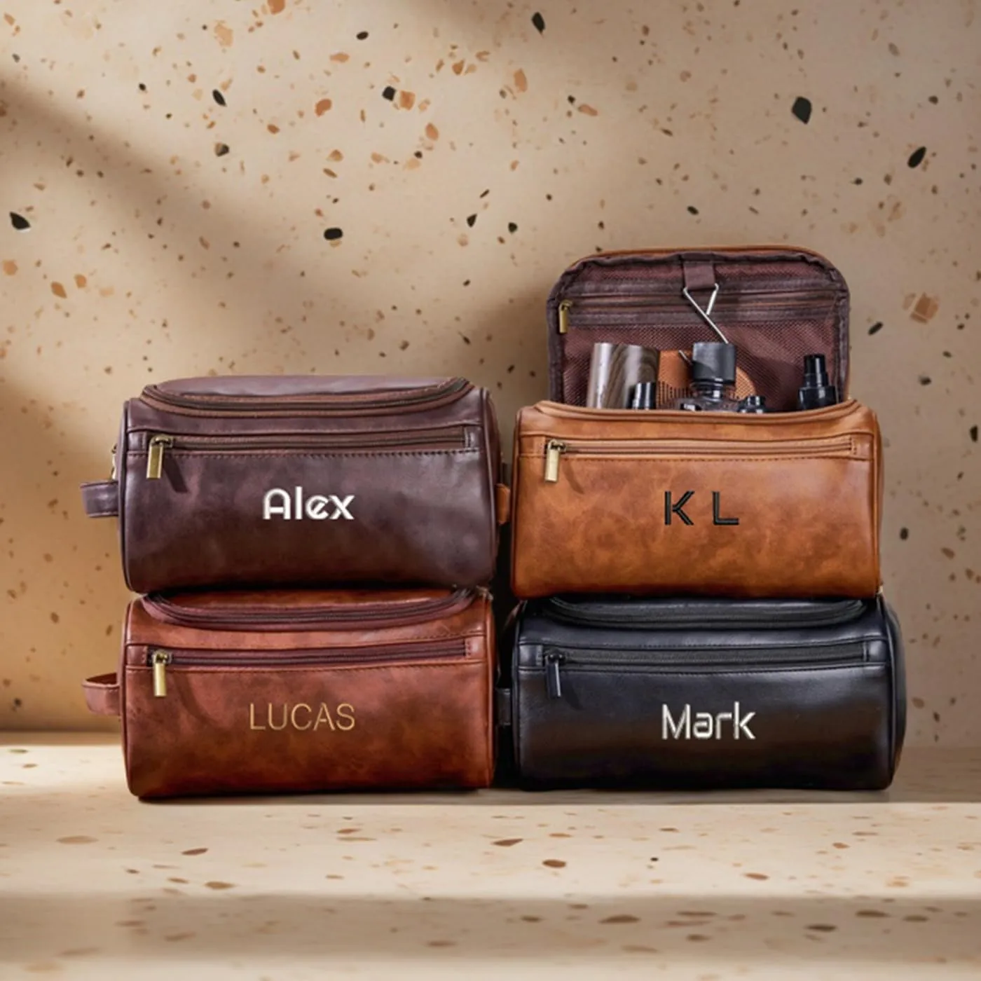 GOPHIE Personalized Embroidered Men's Leather Toiletry Bag,Travel Toiletry Bag for Men,PU Leather Waterproof Travel Shaving Dopp Kit (1, Coffee)
