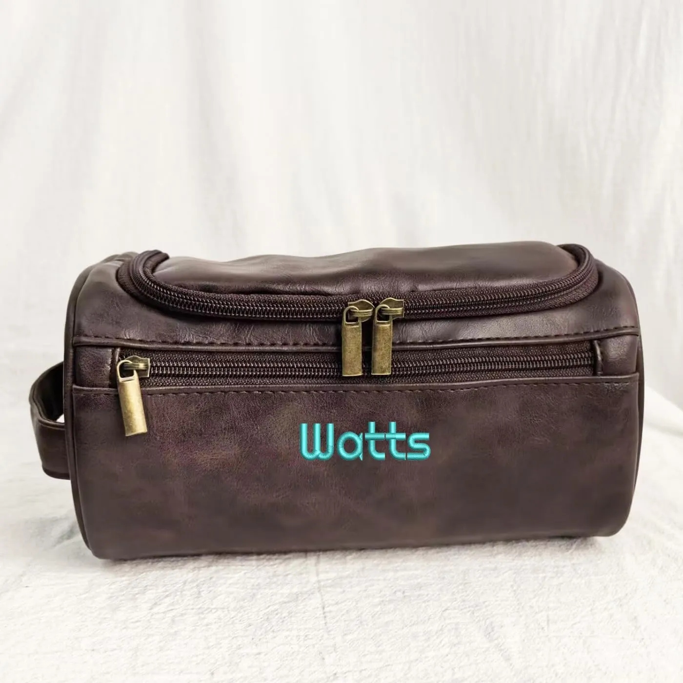 GOPHIE Personalized Embroidered Men's Leather Toiletry Bag,Travel Toiletry Bag for Men,PU Leather Waterproof Travel Shaving Dopp Kit (1, Coffee)