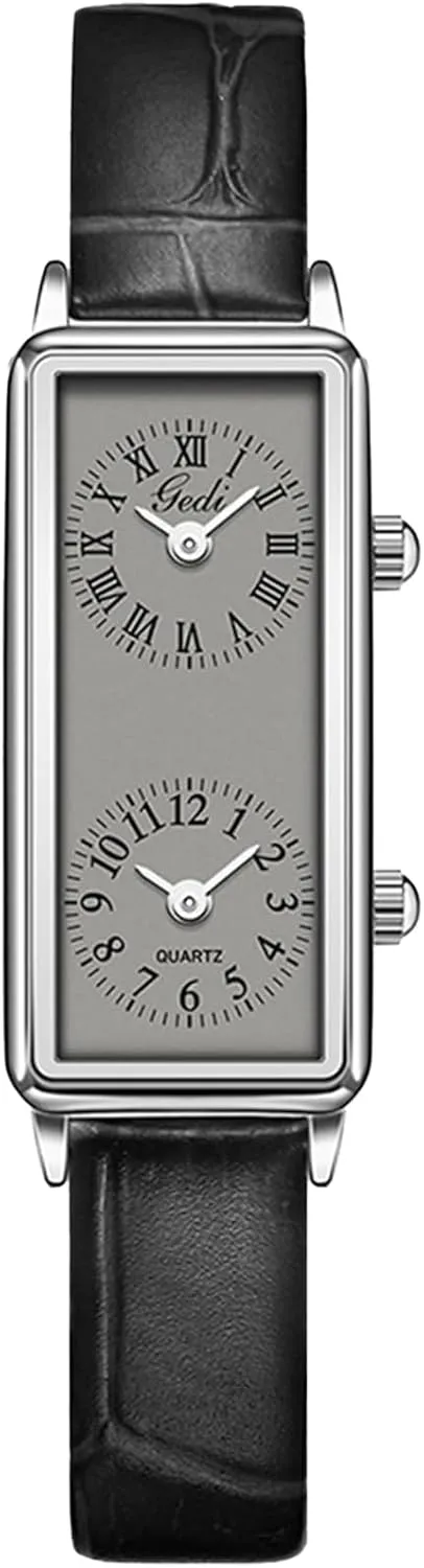 Gosasa Women’s Vintage Rectangle Watch Dual Time Zone Waterproof Ladies Quartz Analog Wristwatch with Two Dials, Roman & Arabic Numerals, Leather Strap for Travel & Business