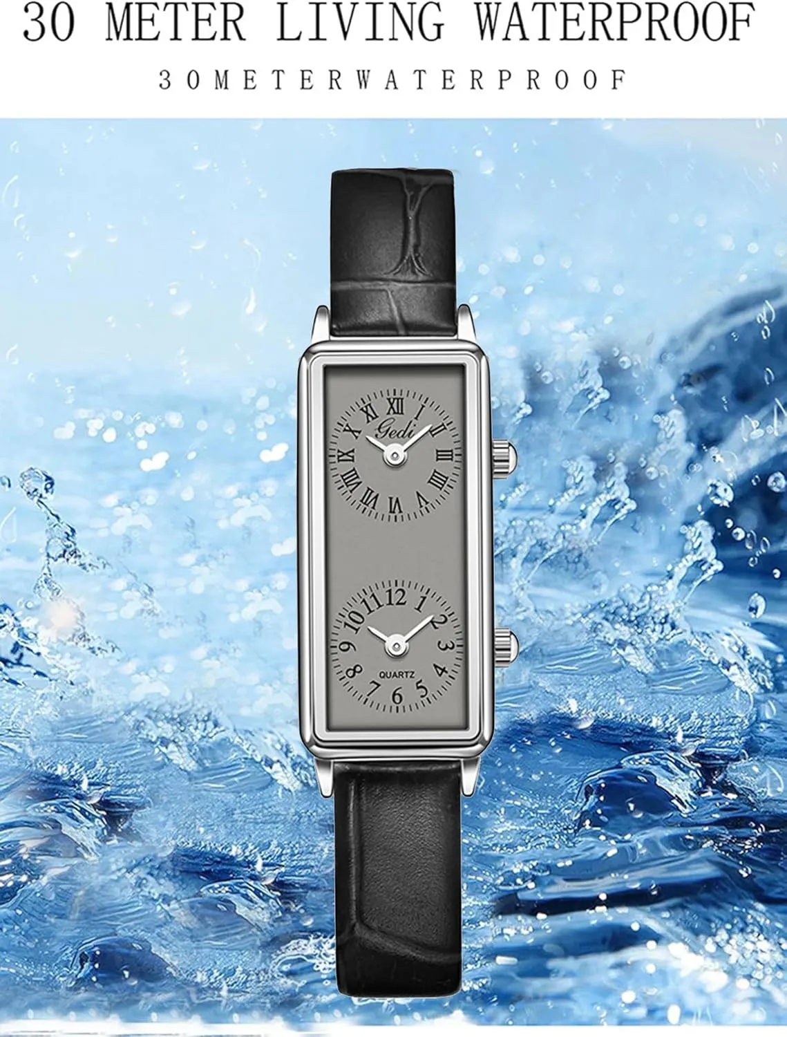 Gosasa Women’s Vintage Rectangle Watch Dual Time Zone Waterproof Ladies Quartz Analog Wristwatch with Two Dials, Roman & Arabic Numerals, Leather Strap for Travel & Business