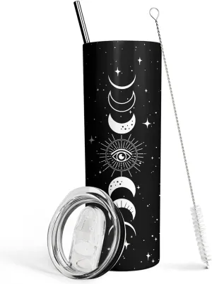 Goth Moon Tumbler with Lid and Straw, Moon Phase Gothic Decor, Black Vacuum Insulated Stainless Steel 20 Oz Witchy Tumbler Cup- Halloween Spooky Gifts for Women, Goth Witch Stuff Coffee Travel Mug