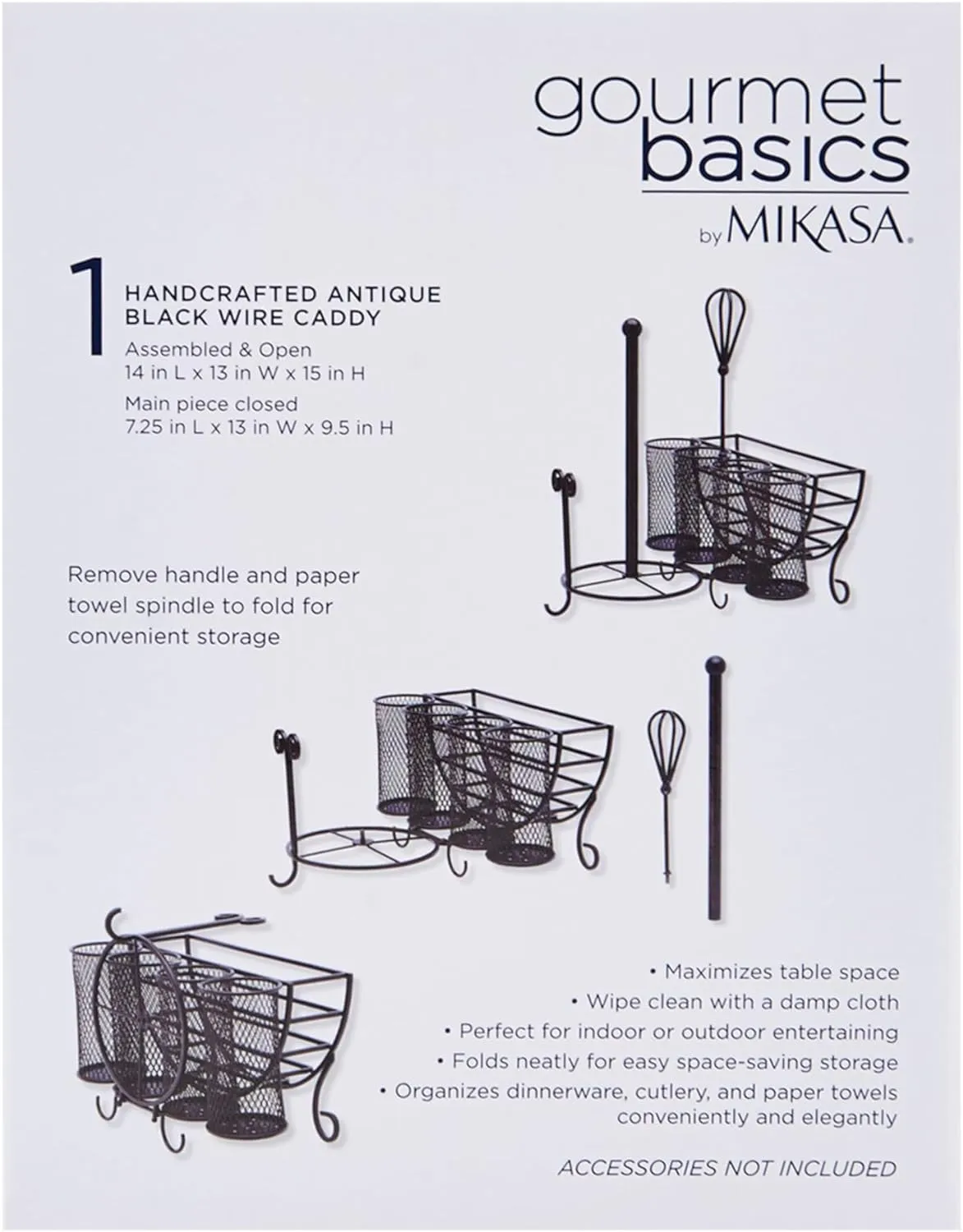 Gourmet Basics by Mikasa Avilla Picnic Plate Napkin and Flatware Storage Caddy with Paper Towel Holder, Antique Black