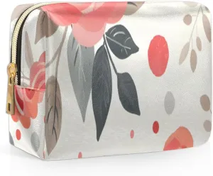 Graceful Rose Pattern Flowers Travel Makeup Bag for Women, PU Leather Waterproof Checkered Cosmetic Bags Large Make up Bag Zipper Pouch
