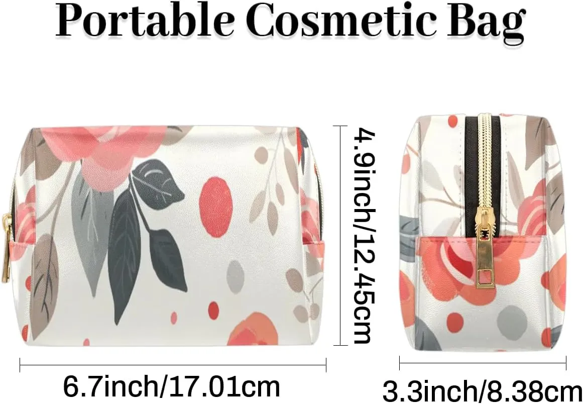 Graceful Rose Pattern Flowers Travel Makeup Bag for Women, PU Leather Waterproof Checkered Cosmetic Bags Large Make up Bag Zipper Pouch