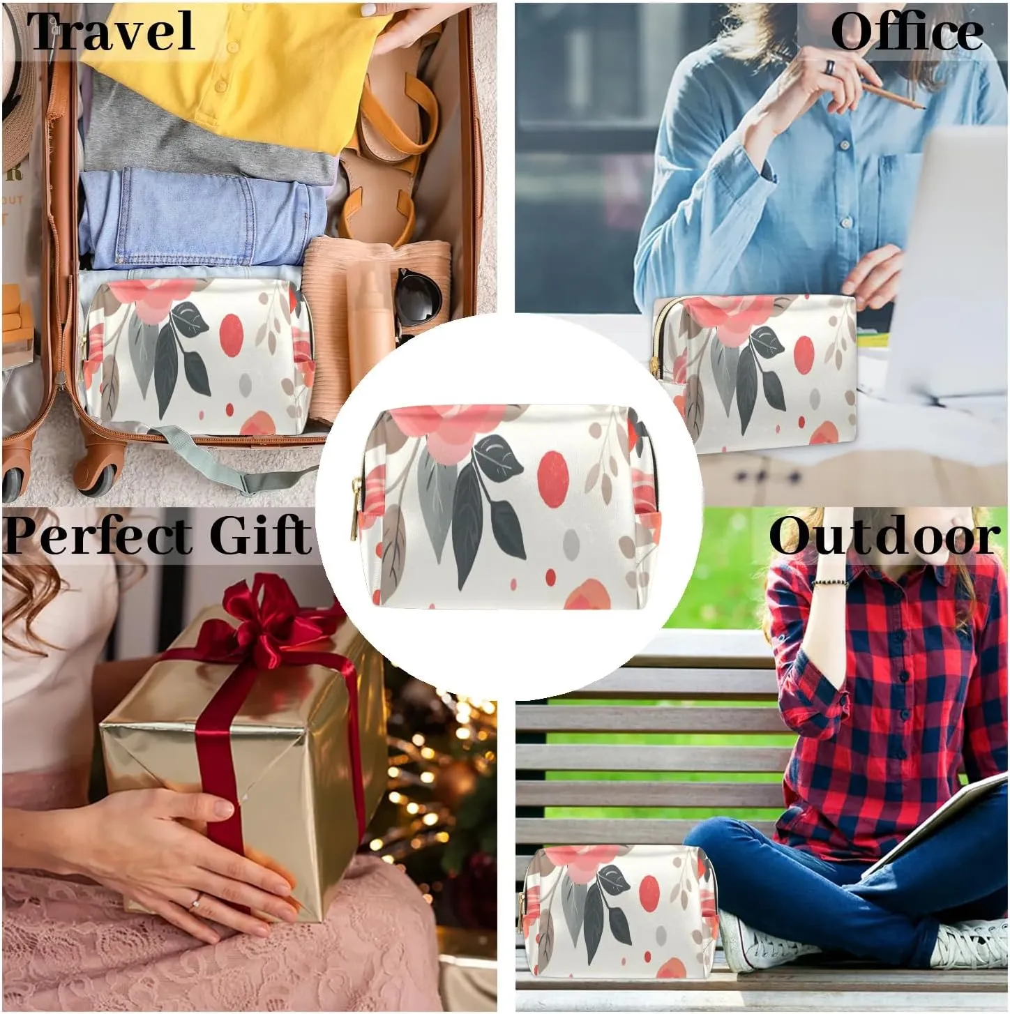 Graceful Rose Pattern Flowers Travel Makeup Bag for Women, PU Leather Waterproof Checkered Cosmetic Bags Large Make up Bag Zipper Pouch