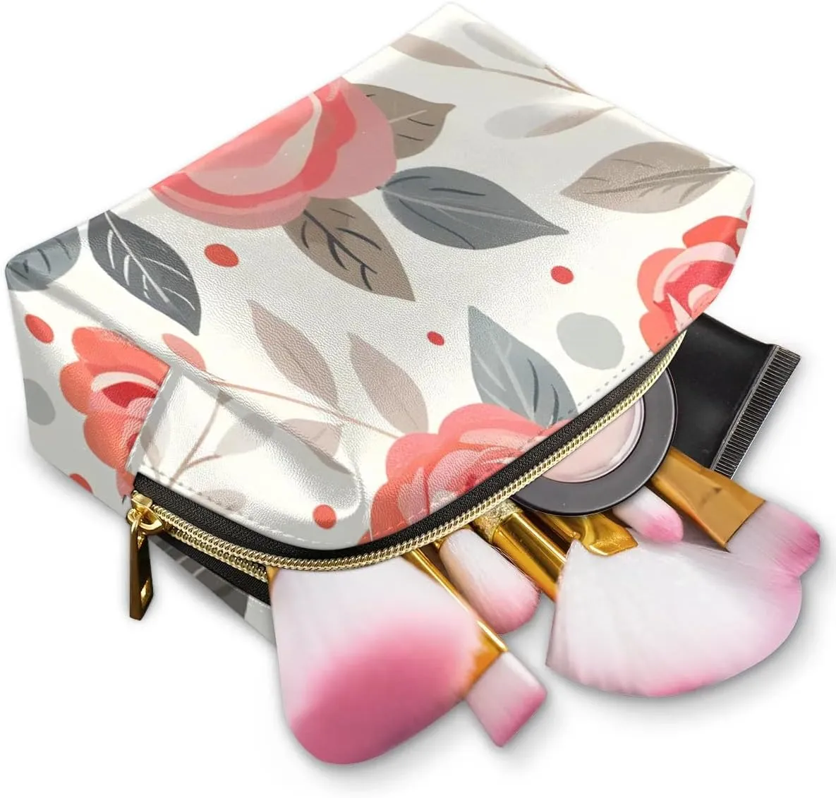 Graceful Rose Pattern Flowers Travel Makeup Bag for Women, PU Leather Waterproof Checkered Cosmetic Bags Large Make up Bag Zipper Pouch