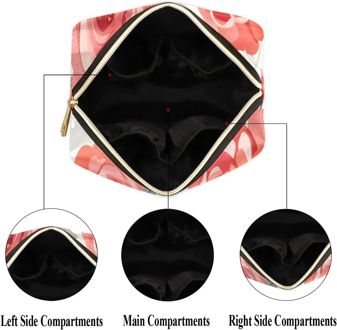 Graceful Rose Pattern Flowers Travel Makeup Bag for Women, PU Leather Waterproof Checkered Cosmetic Bags Large Make up Bag Zipper Pouch