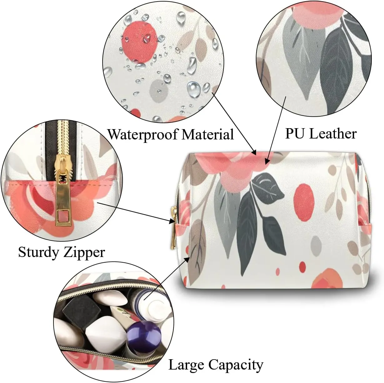 Graceful Rose Pattern Flowers Travel Makeup Bag for Women, PU Leather Waterproof Checkered Cosmetic Bags Large Make up Bag Zipper Pouch