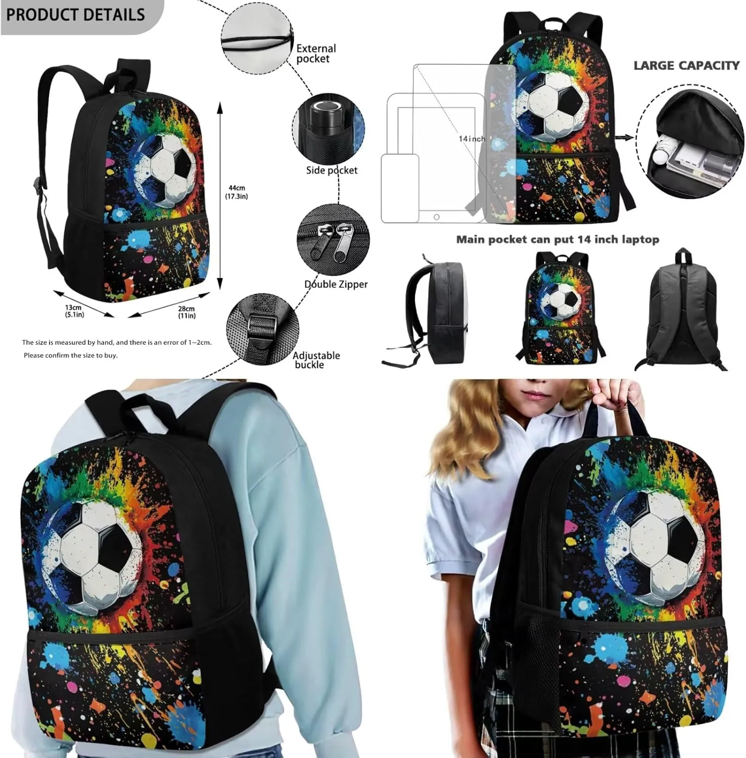 Graffiti Soccer Backpack for Boys 4-6 Large Capacity Bookbag with Lunchbox and 2 Leather Bookmarks 17 Inch School Bag Set 3 in 1 for Primary School Travel Daypack