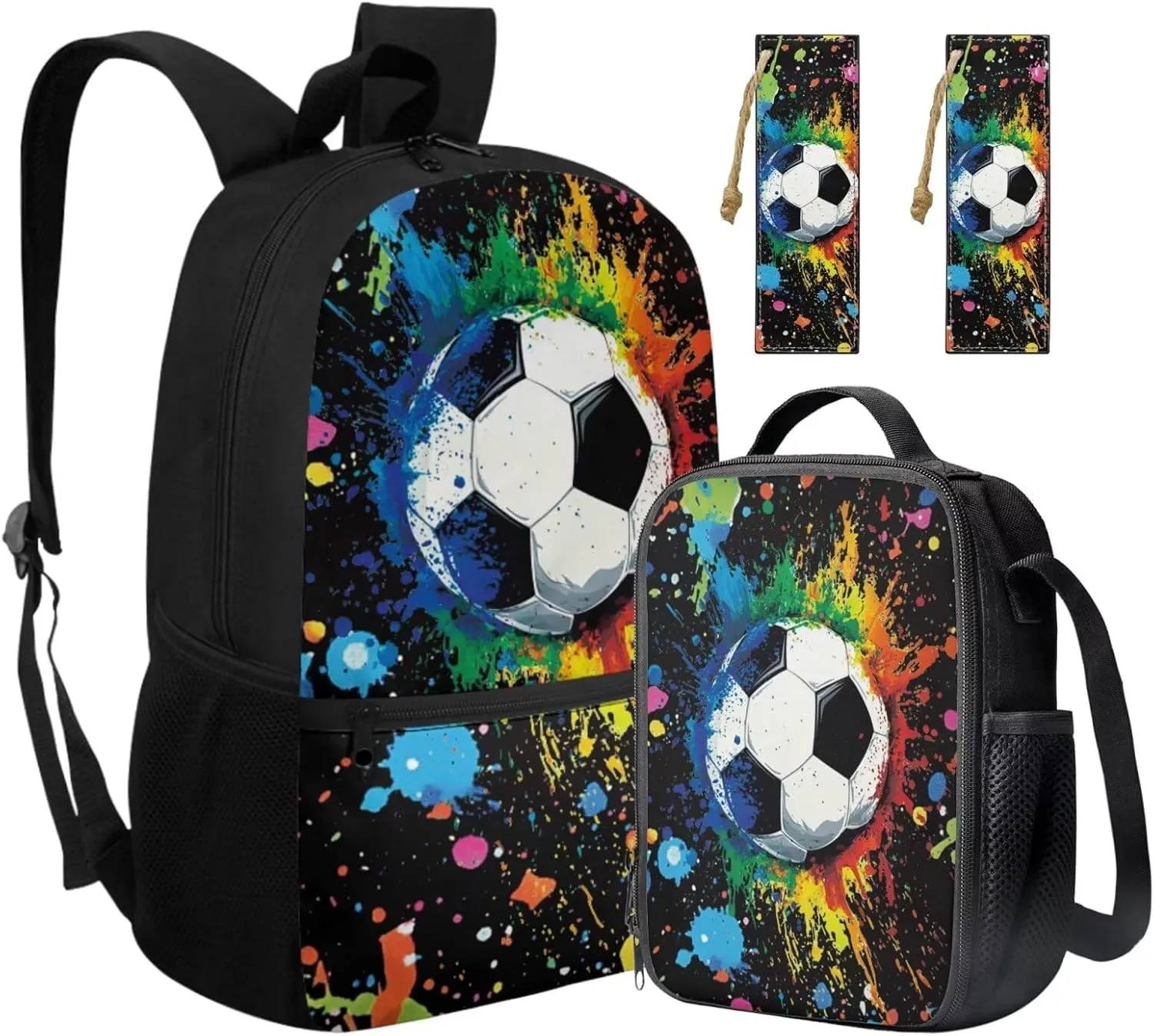 Graffiti Soccer Backpack for Boys 4-6 Large Capacity Bookbag with Lunchbox and 2 Leather Bookmarks 17 Inch School Bag Set 3 in 1 for Primary School Travel Daypack